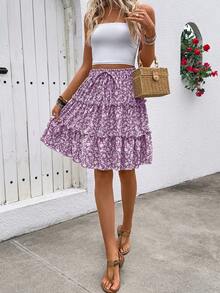 Breezaya Rok Bertingkat Berenda Motif Bunga untuk Liburan Musim Semi/Panas - Purple - View 5