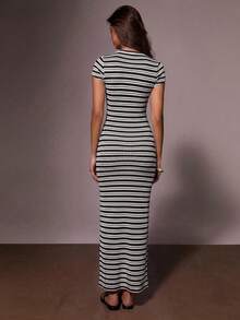 Athîral 女款圓領條紋拼色休閒派對洋裝 - 黑與白 - 查看 2