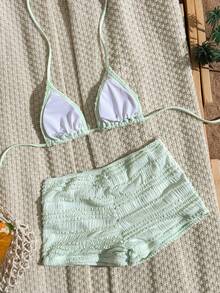 Swim SXY Setelan Baju Renang Dua Potong Wanita untuk Liburan Pantai, Musim Semi dan Musim Panas, Warna-warni Kuning Angsa, Kain Bertekstur, Hiasan Bintang Laut, Celana Panjang Lurus, Leher Halter, Tali Pengikat - Mint Green - View 3