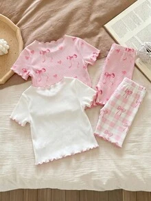 SHEIN LMoss Kids 女嬰夏季可愛花卉印花荷葉邊圓領短袖短褲休閒舒適貼身睡衣套裝 4件組 - 彩色 - 查看 2