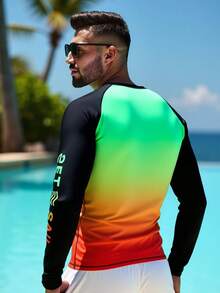 Surfspeed Men's Letter Print Raglan Long Sleeve Ombre Color Surfing T-Shirt,Swim Shirt,Orange And Yellow,Summer,Casual,Beach,Holiday,Vacation,Holiday,Hawaiian - Green - View 2