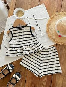 Baby Girl Knitted Striped Round Neck Tank Top And Shorts 2pcs Set - Black - View 1
