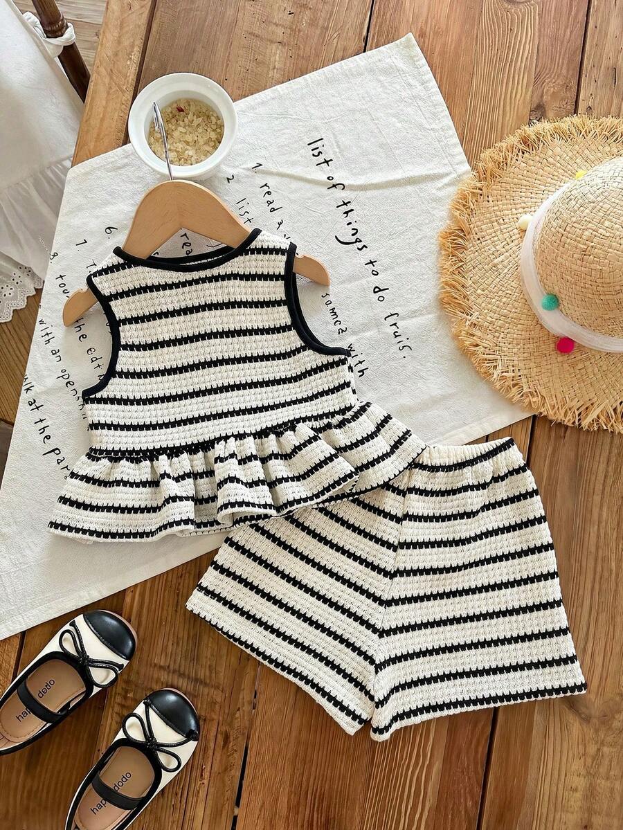 Baby Girl Knitted Striped Round Neck Tank Top And Shorts 2pcs Set - Black - View 1