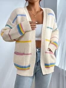 SHEIN Áo khoác cardigan trễ vai họa tiết sọc nhiều màu, áo dài tay - Nhiều màu - Xem 7