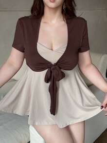 Vibekara Camiseta de mujer 2 en 1 talla grande primavera/verano, cuello en V, manga corta, cintura ceñida, línea A, lazo con nudo, bloques de color, elegante, vintage, juguetona, linda, deseo puro, estilo francés, vacaciones, casual - Multicolor - Ver 6