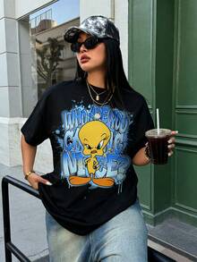 LOONEY TUNES X SHEIN Plus Size Women's Letter Print Crew Neck Short Sleeve Casual T-Shirt - White - View 7