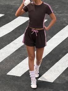 SHEIN 兒童青少年女孩休閒條紋針織套裝 2件式運動套裝 夏季穿搭 巧克力棕色 - 棕色 - 查看 3