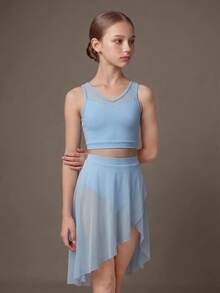 SHEIN Tween Girl Solid Color Tank Top & Skirt Sports Set - Black - View 3