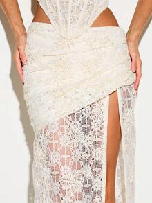 KIZN Lace Crochet Maxi Skirt With Side Split And Ruched Waist Detail For Summer Occasions And Evening Events - Apricot - View 5