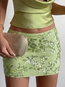 Glamine Women's Vacation Fashion Shiny Sequin Mini Skirt Floral Embroidery Romantic Girlisim Edgy Feminine Style Beach Golf Parties Summer - Green - View 6