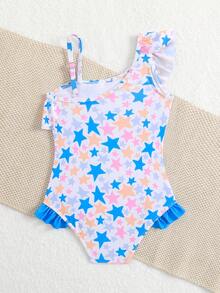 Young Girl Star Print Asymmetric Neck One-Piece Swimsuit - Baby Blue - View 2