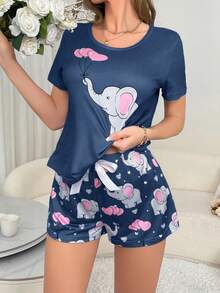 SHEIN Cute Elephant Heart 2 Pieces Women's Pajama Set - Multicolor - View 5