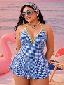 Swim Mod 2026 New Spring/Summer Plus Size Women's Vacation Beach Plaid Halter Tankini Set - Multicolor - View 5