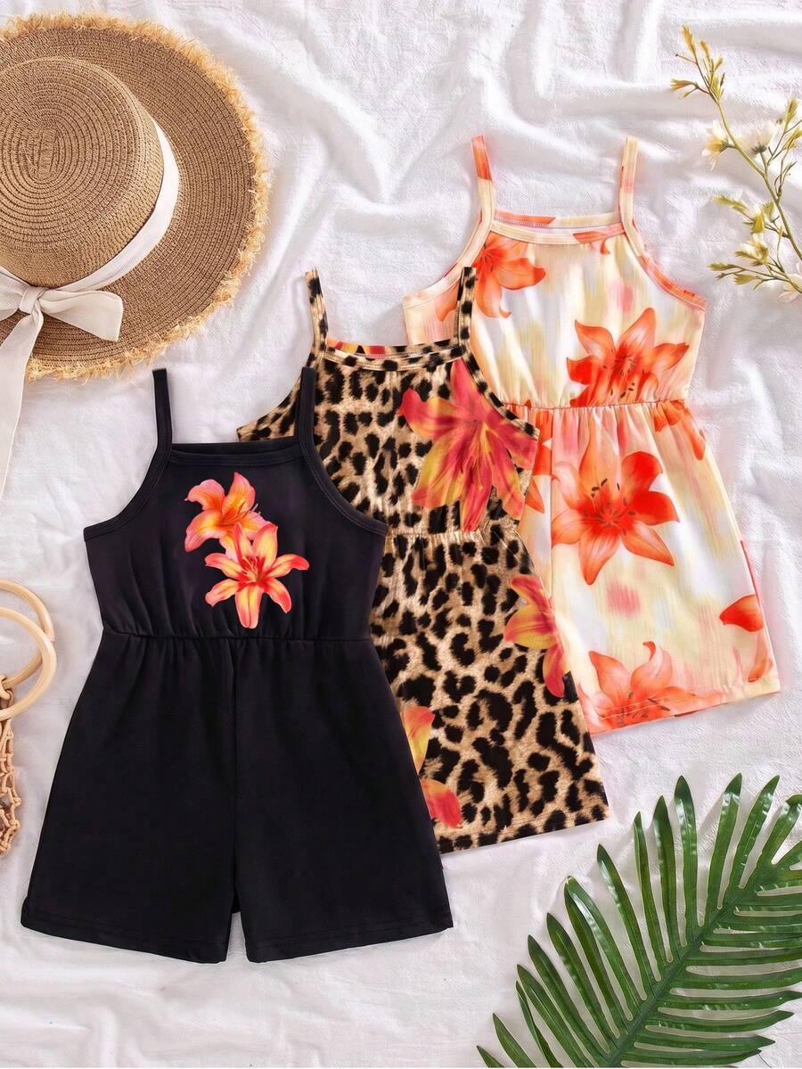3pcs/Set Girls Toddler Summer 2026 New Style Spaghetti Strap Large Floral Print All-Over Fitted Romper Shorts, Simple Versatile Fashion Vacation Style - Multicolor - View 1