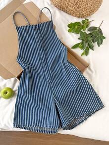 SHEIN Teen Girls Navy Blue Thin Stripe Denim Loose Halter Top And Bottom Shorts For Rave Outfits Summer Casual Back-To-School Prom - Blue - View 5