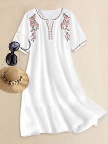 EMERY ROSE Plus Size Versatile Heavy Floral Embroidery Ruffle Hem Dress Vacation Business White Summer Bohemian - White - View 5