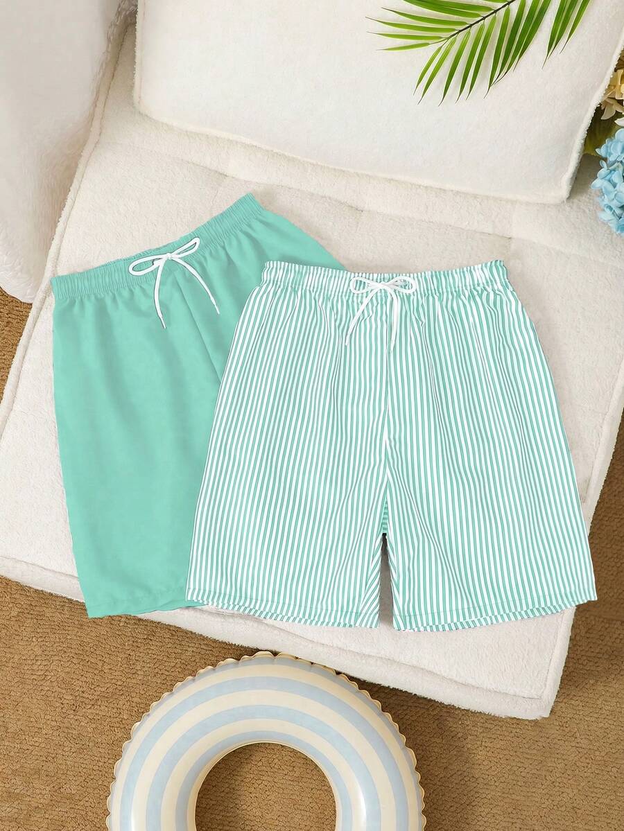 SHEIN Teen Boys Swimwear Woven Solid Color And Blue-And-White Striped Two Pieces Beach Pants With Drawstring Adjustable, Suitable For Vacation And Summer. - Mint Blue - View 1