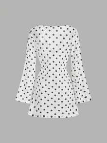 SHEIN MOD 女款白色黑波點迷你洋裝 透視網紗長袖深V領 派對海灘度假罩衫 泳裝 夏季熱帶風 - 黑與白 - 查看 3