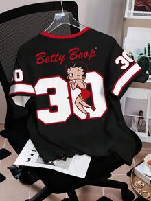 Betty Boop x SHEIN 女士休闲撞色卡通图案圆领短袖T恤，夏季 - 白色 - 查看 2