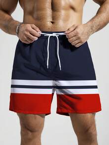 Surfspeed Men's Drawstring Waist Patchwork Color Casual Beach Shorts - Navy Blue - View 5