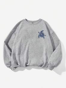 SHEIN EZwear 休閒極簡度假浪漫復古海洋生物海龜印花女款圓領長袖寬鬆衛衣，適合通勤、音樂節、海灘、度假、夏季 - 淺灰色 - 查看 4