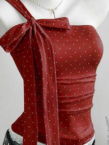 Elamini 女款極簡性感甜美風圓點拼接蕾絲飾邊露肩蝴蝶結肩帶上衣 - 紅色 - 查看 7
