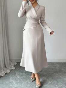 Modelyn Plus Size Elegant Commuter Solid Color Wrap Waist Long Dress Fall - Khaki - View 6