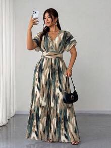 Elenzga Plus Size Ink Wash Sunset Glow Emerald Green Effect Pattern Pleated Textured Fabric V-Neck Dolman Sleeve Long Pants Women's Jumpsuit Summer Elegant - Green - View 4