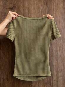 Franclia 休閒時尚女款素色鈕扣短袖上衣 - 軍綠色 - 查看 3