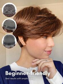 Wig Potongan Pixie Rambut Manusia Pendek Wig Pixie dengan Poni untuk Wanita Wig Pendek Alami Tanpa Lem Wig Pixie Lurus Berlapis Tanpa Renda Depan - Cokelat Wig Murah dari Telinga ke Telinga Ramah untuk Pemula - S4 - View 2