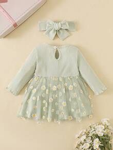 SHEIN Vintaside Kids 新生兒圓領長袖優雅針織條紋拼接網紗洋裝外出穿著 - 綠色 - 查看 2