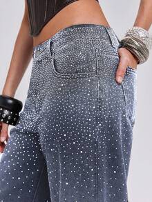 ROMWE Y2k Hot Girl Party Music Festival Outfit Gradient Rhinestone Women's Loose Wide Leg Jeans - Dark Wash - View 2