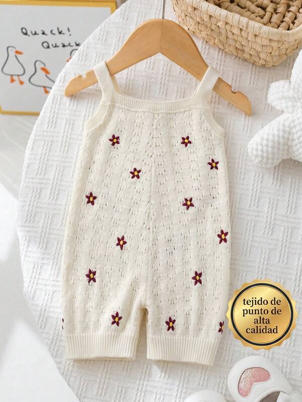 Mameluco babero sin mangas de tejido de punto color crema para bebé niña con bonito bordado floral, ideal para conjuntos de verano.