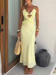 Aloruh Women's Elegant Lace Patchwork Ruffle Hem Decor Slim Fit Solid Color Chiffon Dress Party Pale Yellow Summer, Graduation Clothing - Light Yellow - View 3