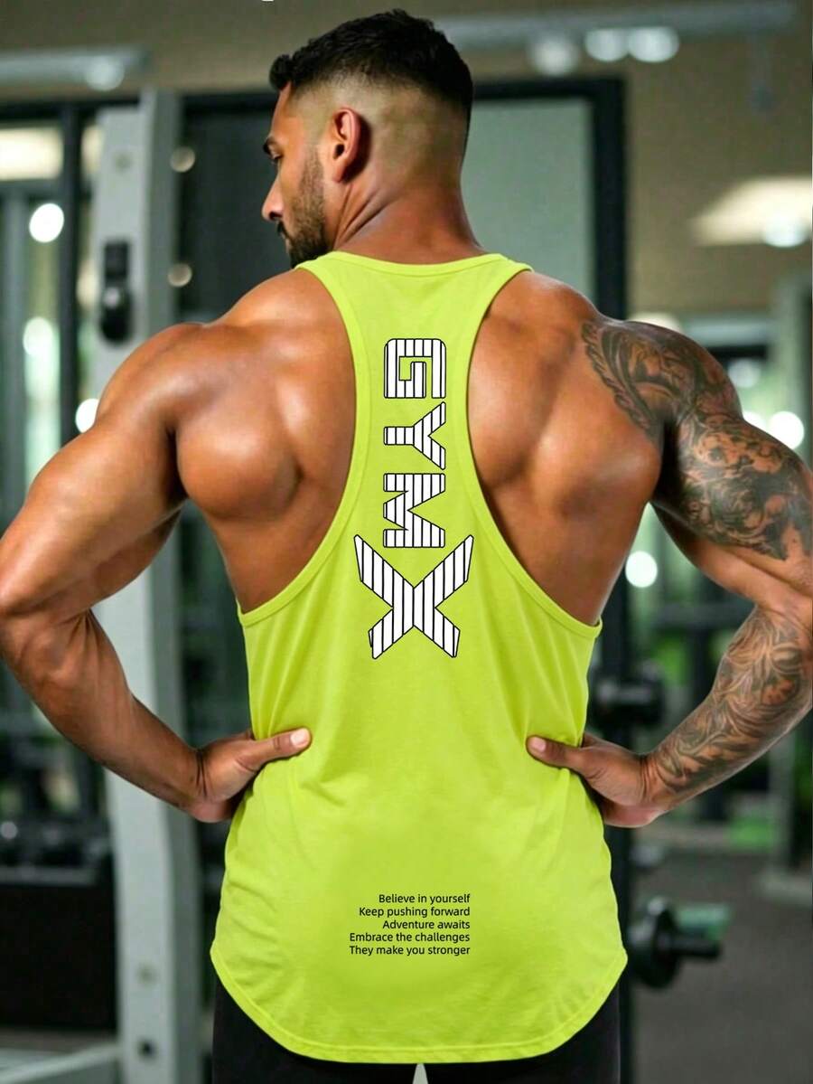 Gym Rark Camiseta de tirantes deportiva de hombro para hombre con estampado de letras en verde fluorescente para uso diario - Verde Lima - Ver 1