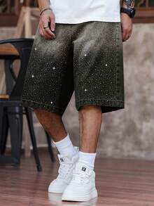 Manfinity EMRG Men's Plus Size Rhinestone Embellished Wide Leg Denim Shorts - Light Grey - View 1