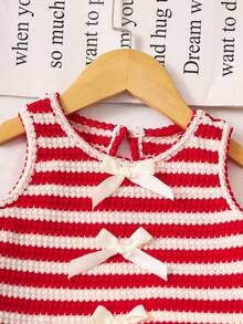 Souflis Souflis Young Girl Striped Textured Fabric Contrast Color 3D Bow Decor Round Neck Tank Top And Casual Shorts Set For Daily Outings - Red - View 7