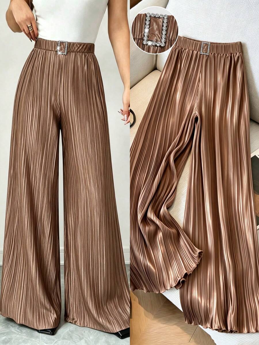 Elenzga Pantalon large plissé pour femmes, taille élastique, bouton strass, affinant, pantalon d'été élégant et décontracté - Tabac - Voir 1