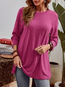 EMERY ROSE Plus Size Round Neck Long Sleeve Casual Loose Soft Appealing Winter T-Shirt,Fall Clothes - Hot Pink - View 5