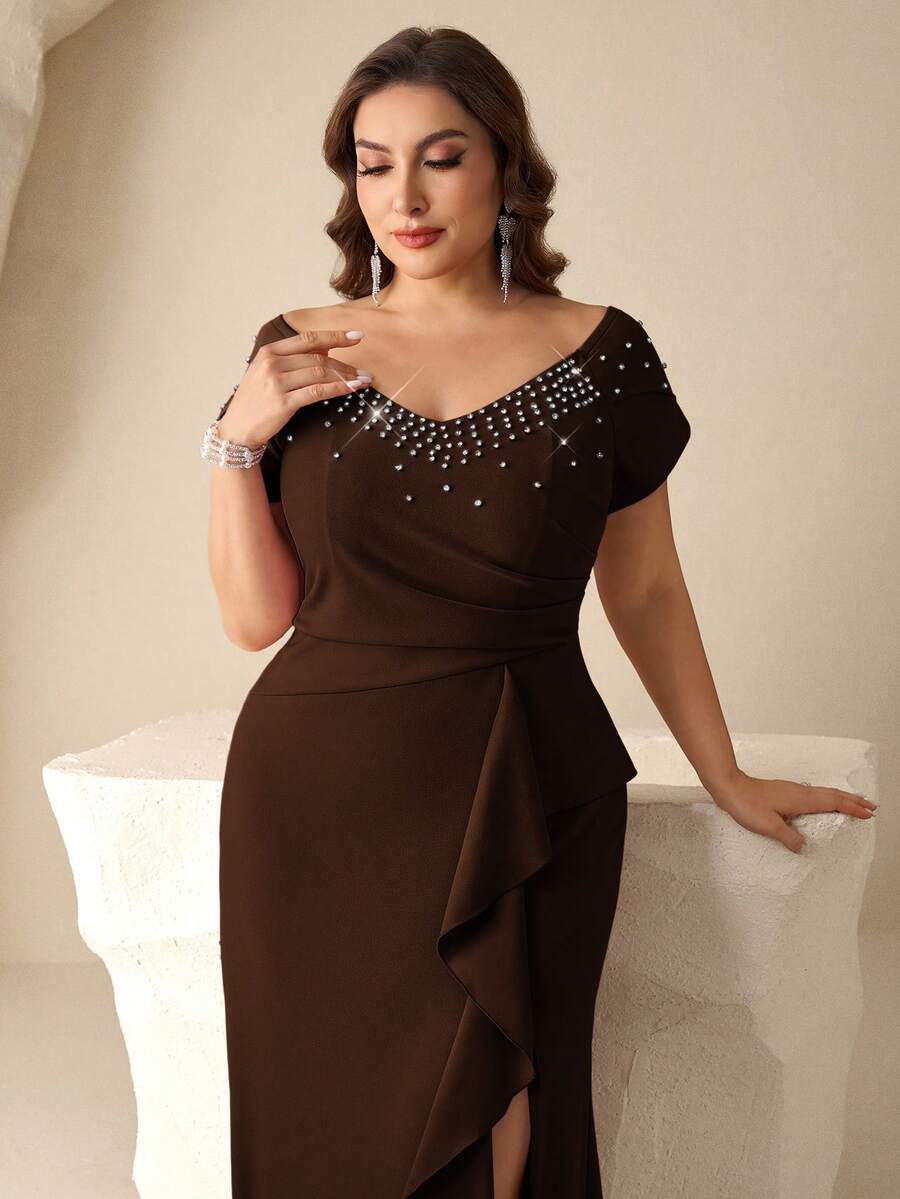 Coutiva Plus Size Women's Rhinestone Decorated Patchwork Ruffle Elegant Bridal Mother Dress - Brown - View 1