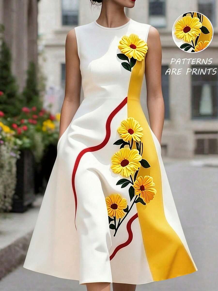 Balvessa Women's Floral Print Fashionable Round Neck Elegant Vacation Dress - Multicolor - View 1