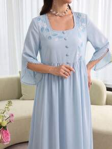 Yasmyna French Square Neck Romantic Purple Embroidered Loose Fit Youthful Long Sleeve Full Skirt Elegant Women's Dress - Blue - View 7