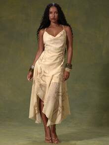MUSERA Cream Mesh Cowl Hanky Hem Asymmetric Drape Midi Dress - Multicolor - View 5