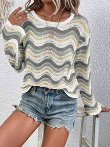 Hotletica Suéter casual de bloques de color con patrón ondulado para primavera/otoño - Multicolor - Ver 5