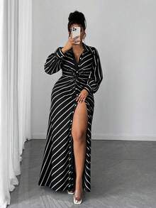 Maweii Plus Size Women's Casual Striped Knit Twist Design Long Sleeve Dress - Multicolor - View 6