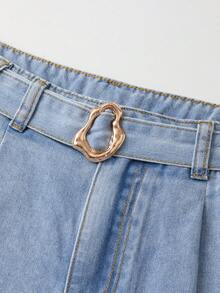 SHEIN Essnce 女款金屬扣時尚口袋百褶牛仔短褲 - 藍色 - 查看 6