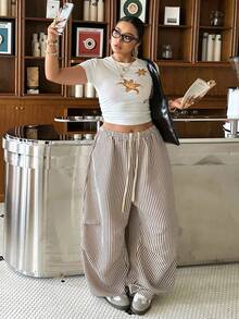 Muchica Plus Size Women Striped Casual Versatile Daily Wear Wide Leg Pants - Multicolor - View 6