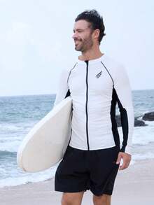 DAZY Men's Patchwork Color Block Letter Print Zipper Front Rash Guard Swimwear Vacation Summer - Multicolor - View 7
