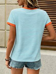 EMERY ROSE Plus Size Women's Contrast Color Stripe Print Round Neck Short Sleeve T-Shirt - Multicolor - View 2