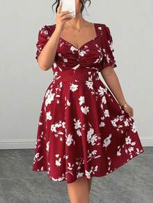 Elenzga Plus Size Women Elegant Front Pleated Waist Cinched Short Sleeve Dress - Burgundy - View 8